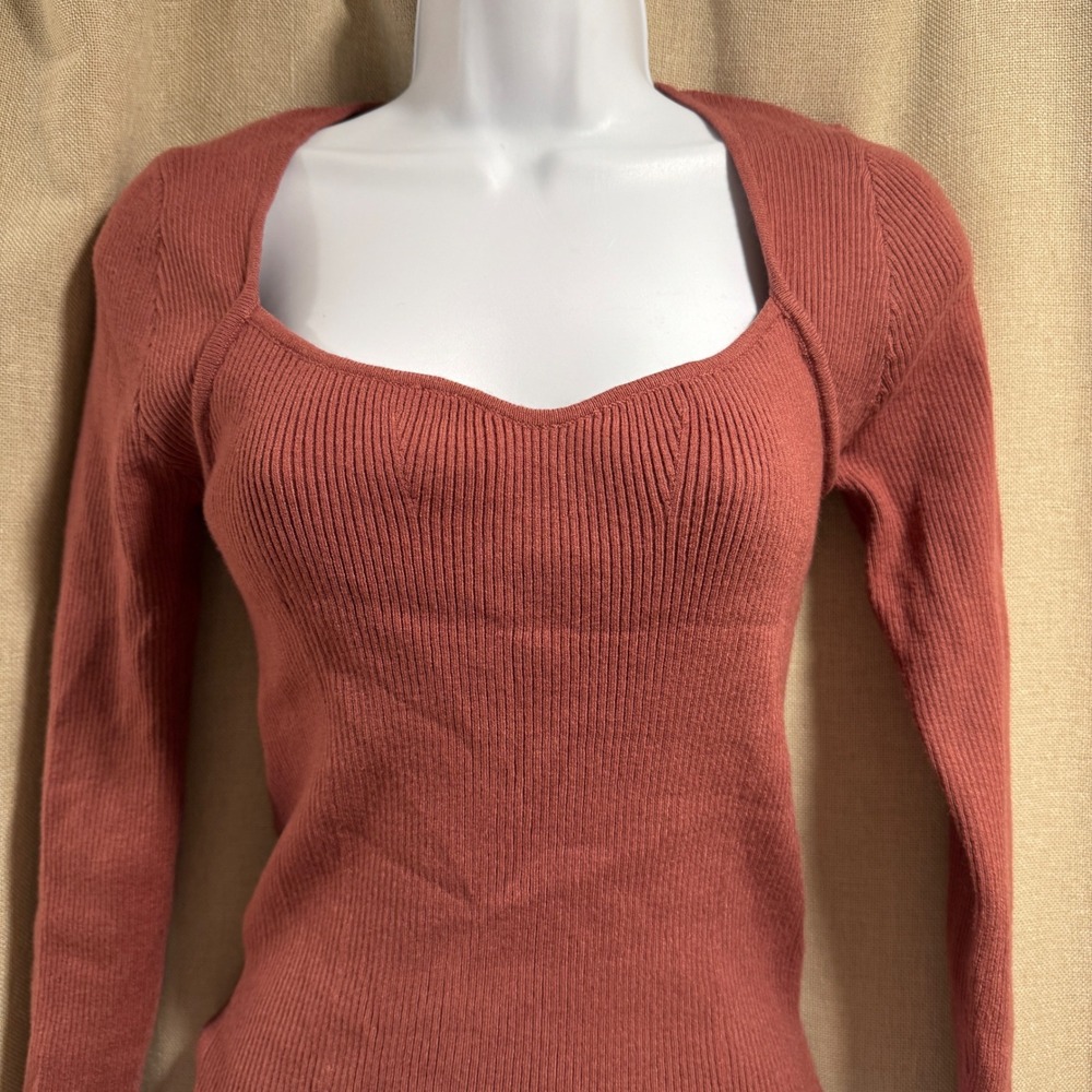 Blu Pepper Ribbed Sweetheart Neck Long Sleeve Top Blouse - Size‎ M